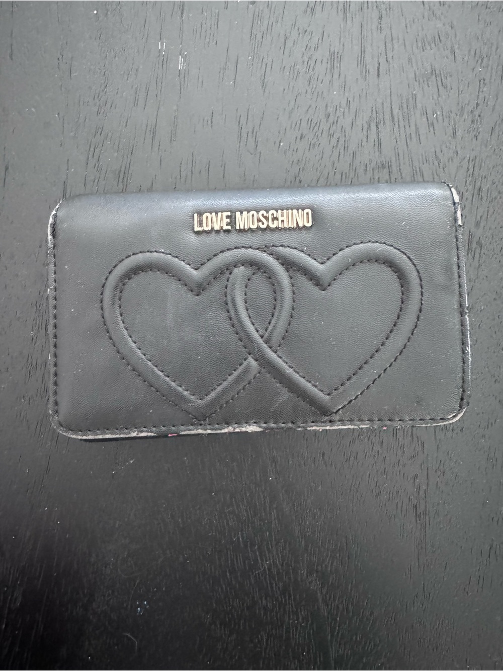 Love Moschino Black Double-Heart wallet with Gold Logo